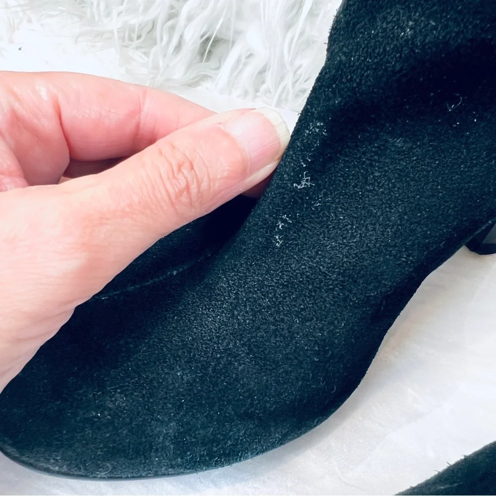 VINTAGE Rocker CHIC sz 7M Black Suede Leather Gathered High Heeled Boots